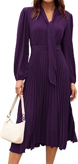 Women's Pleated midi Dress with Bow Tie V-Neck Long Sleeve Swing A-Line ...