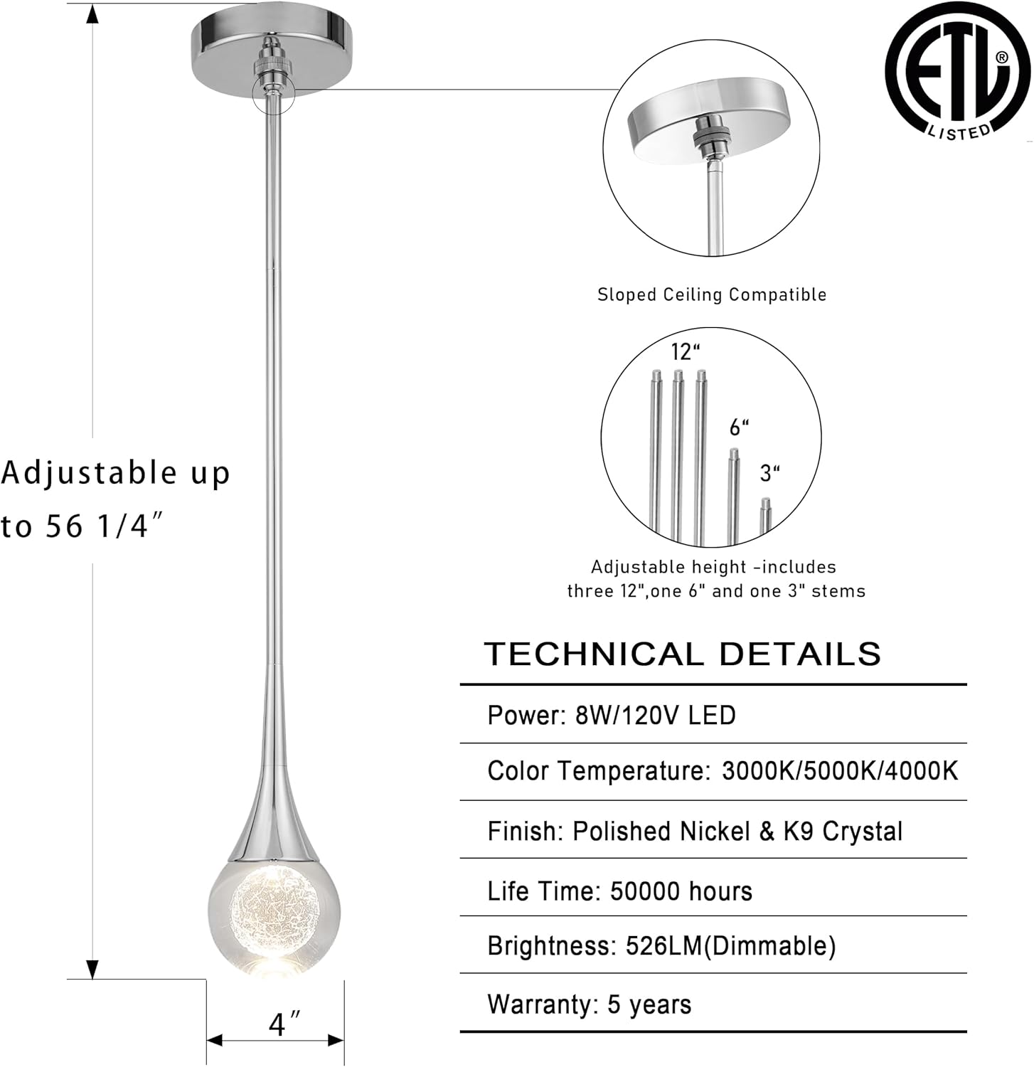 Untrammelife 1-Light Silver Teardrop Crystal Pendant Light, 3-Color Temperature Dimmable Pendant Light Fixtures, 8W LED Modern Ceiling Light, Globe Pendant Lights Kitchen Island Bathroom Bedroom Bar