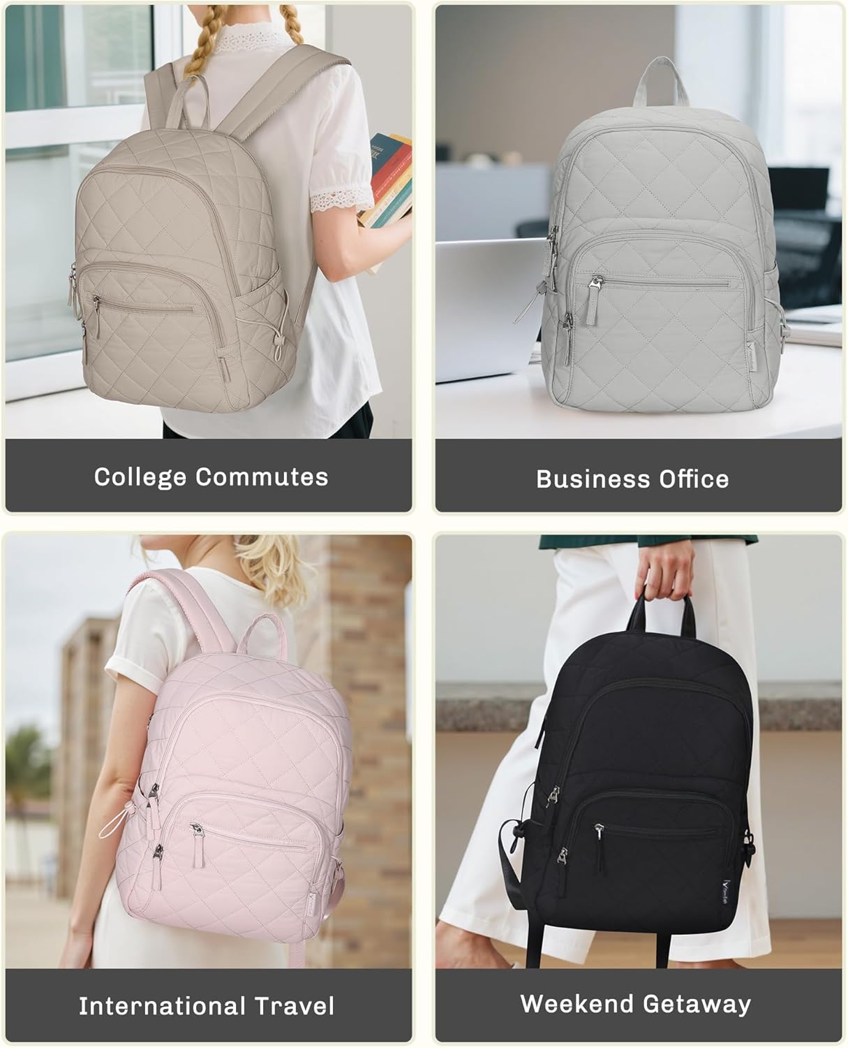 Hynes Eagle Travel Laptop Backpack Quilted College Backpack for Women Puffer Casual Daypack Personal Item Bag for 16 Inch Light Grey - Image 7