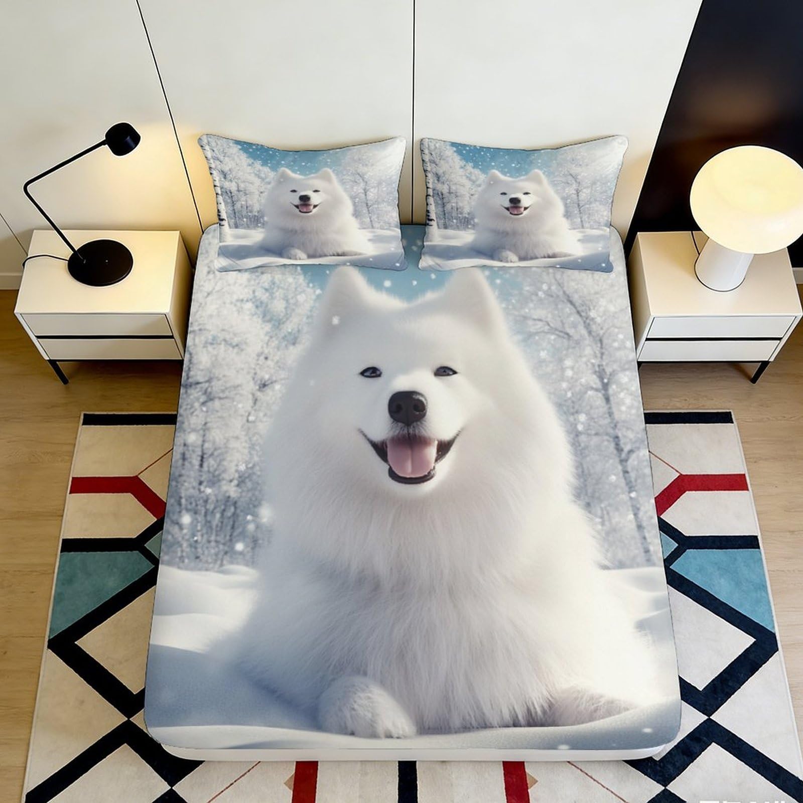 3D Printed White Samoyed Dog Fitted Sheet Microfiber Snow Forest Mattress Cover for Bedroom Guest Room Protector 140x200x25cm