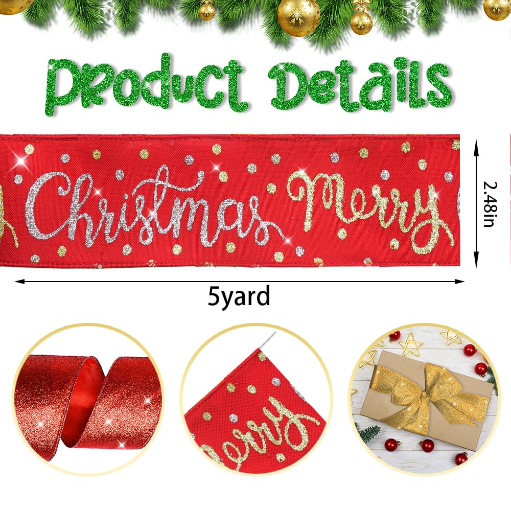 ABTOLS Christmas Ribbon - 10 Yards Red Gold Stripe Wired Burlap Ribbon For Holiday Decor
