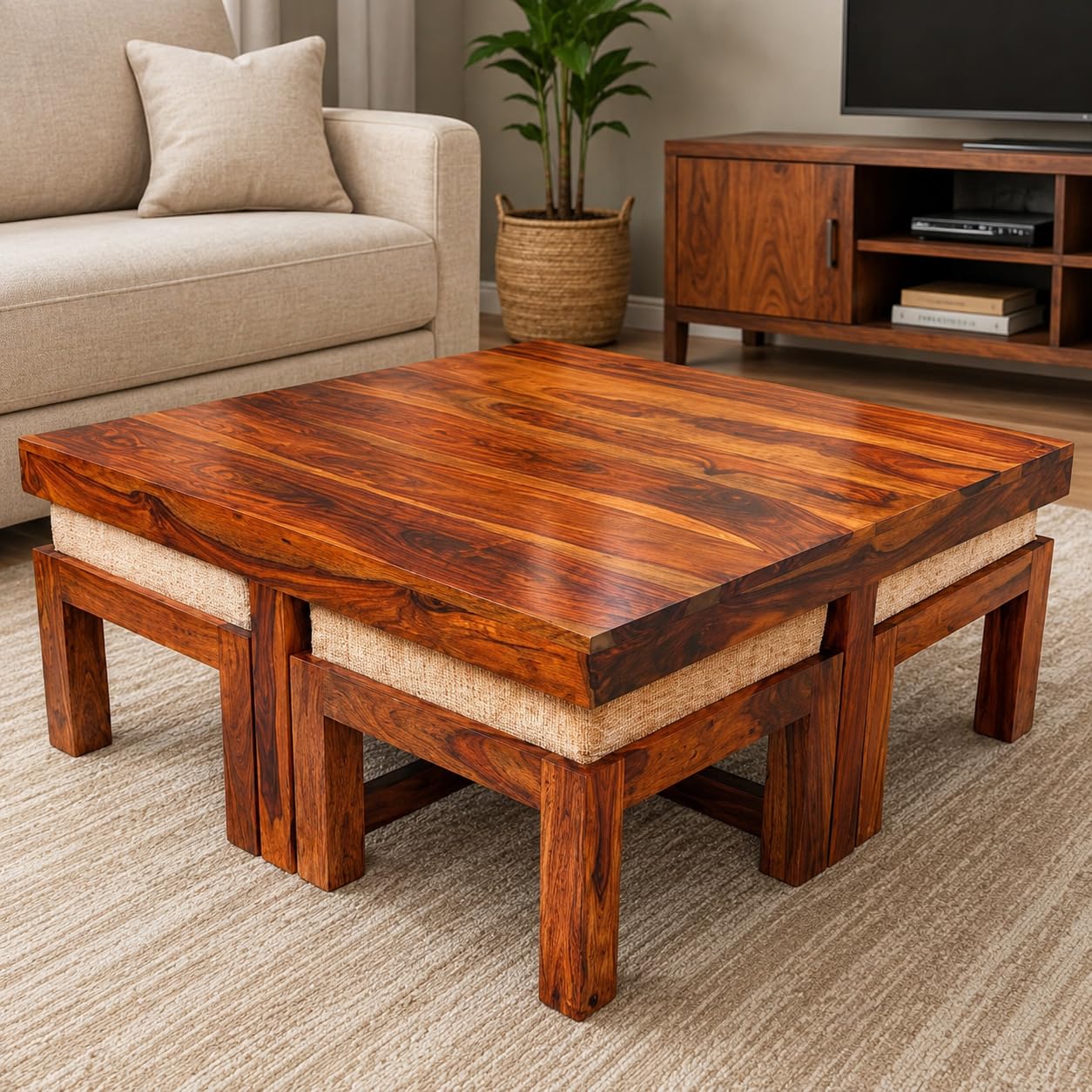 Hariom Handicraft Premium Sheesham Wood Coffee Table for Living Room | Solid Wood Coffee Table, Center Table, Tea Table | Wooden Coffee Table with 4 Stool | Finish Color:- Teak Finish