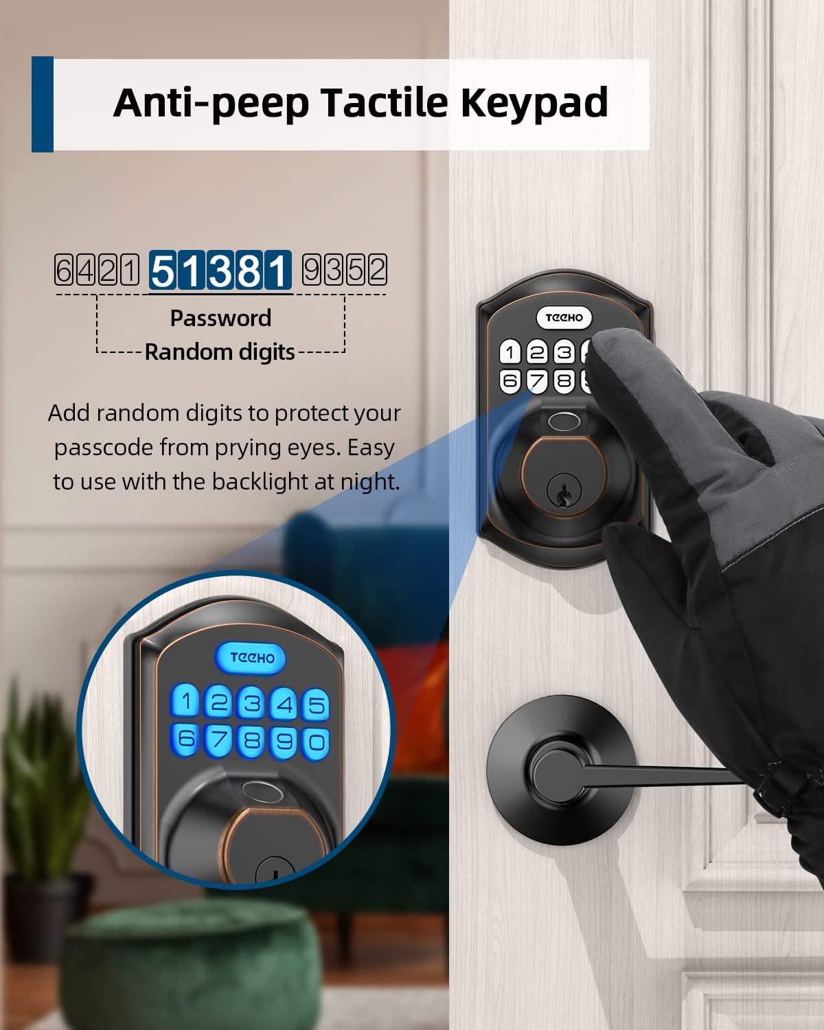 TEEHO Fingerprint Door Lock with 2 Lever Handles, Keyless Entry Door Lock with Handle, Electronic Keypad Deadbolt Front Door Lock Set with Auto Lock and 1 Touch Locking, Oil Rubbed Bronze