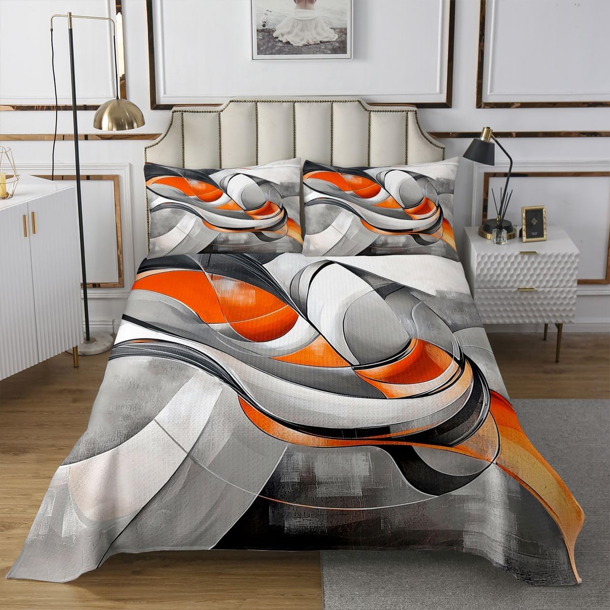 jejeloiu Modern Striped Bedspread Quilts Orange and Gray Coverlet Set Twin Size for Kids Boys Girls Modern Abstract Geometric Quilted Coverlet for All Season with 1 Pillowcase Microfiber