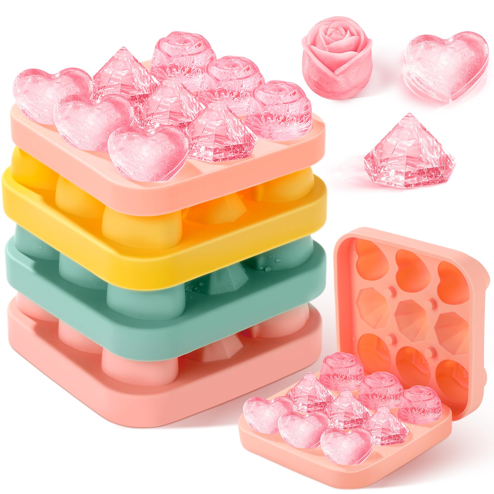 Censen Lot de 4 moules à glaçons 3D en silicone en forme de cœur avec couvercles faciles à démouler - Grande fleur - Pour jus de fruits (styles mixtes)