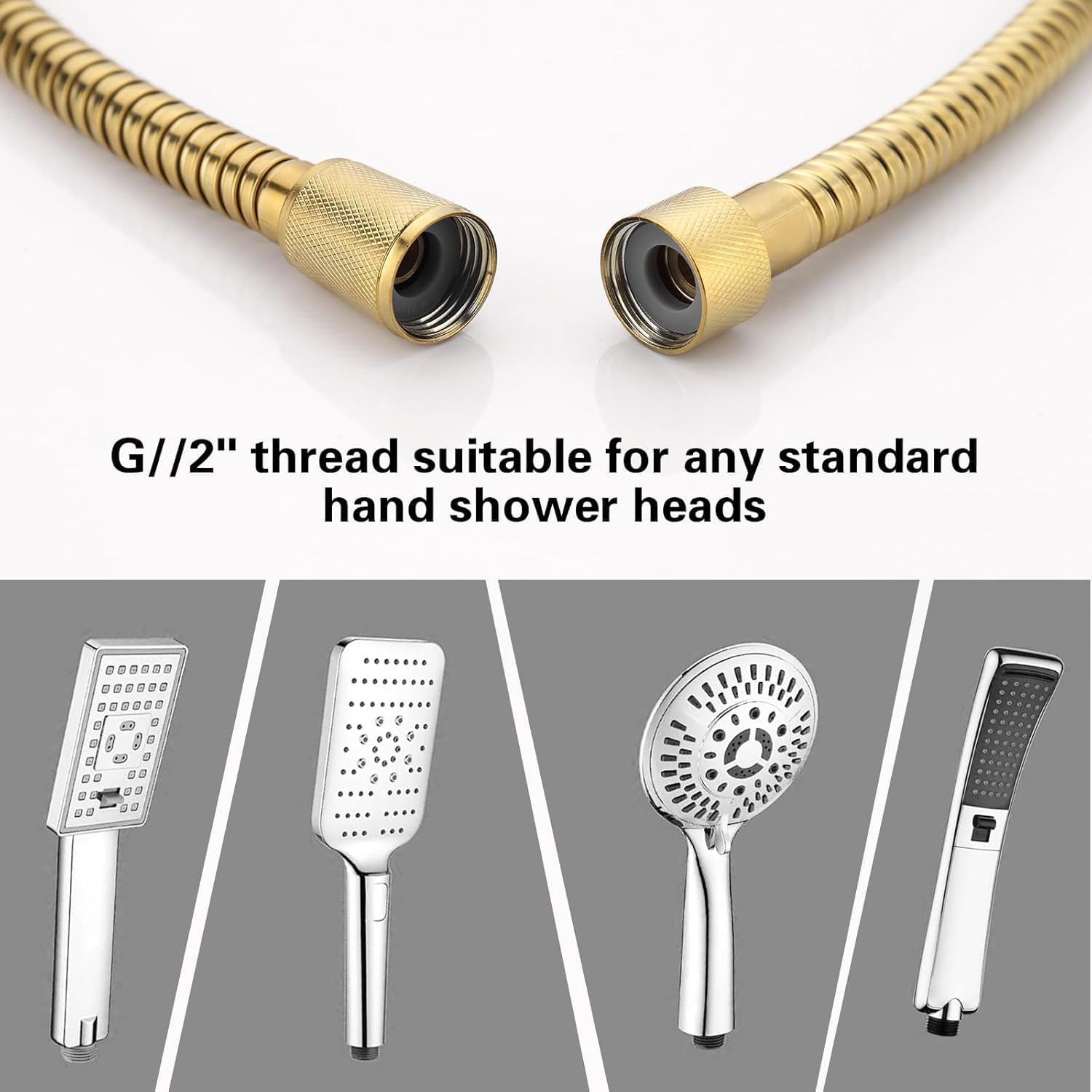 YUANQIAN Shower Hose, 60 Inch Flexible Shower Hose - Extra Long, Stainless Steel, Double-Buckle For Handheld Showerhead - Polished Brass