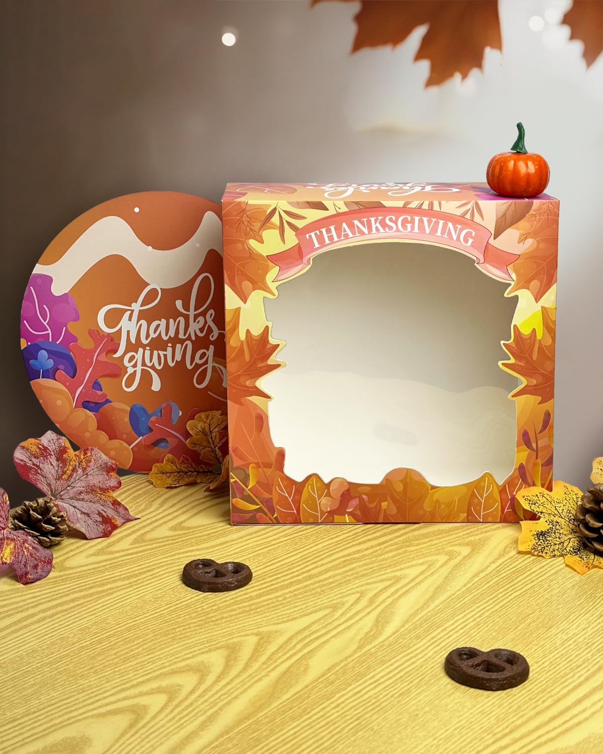 Bakepacker Thanksgiving Cake Boxes with Window 10x10x5 Fall Bakery Boxes Orange Maple Leaf Thanksgiving (18 Cake Boxes +18 Cake Boards Included)