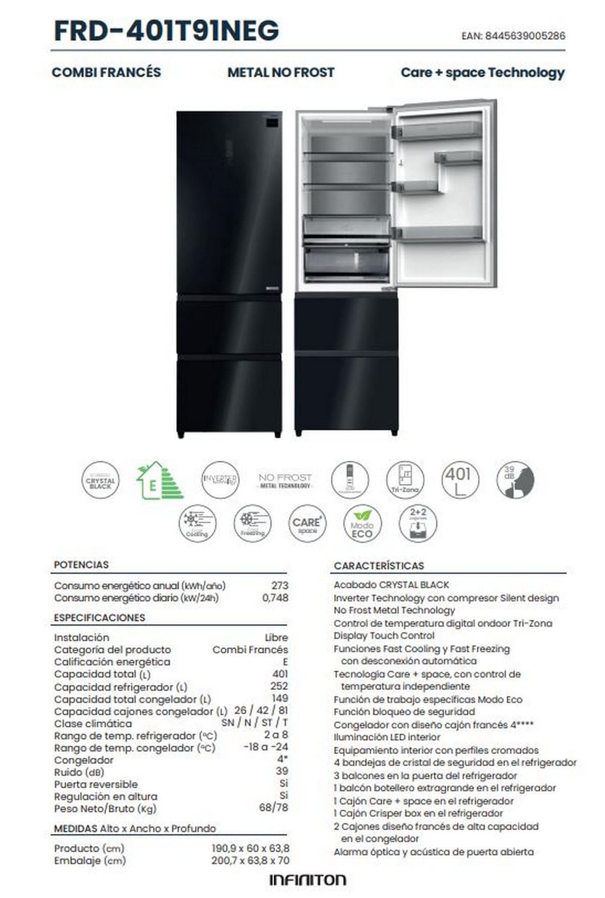 INFINITON Frigorifico Francés FRD-401T91, 401 Litros, 190 cm de Altura, E, Técnologia Inverter, Fast Cooling, Fast Freezing, Puerta reversible, Tecnología Care + space (Crystal Black || FRD-401T91NEG)