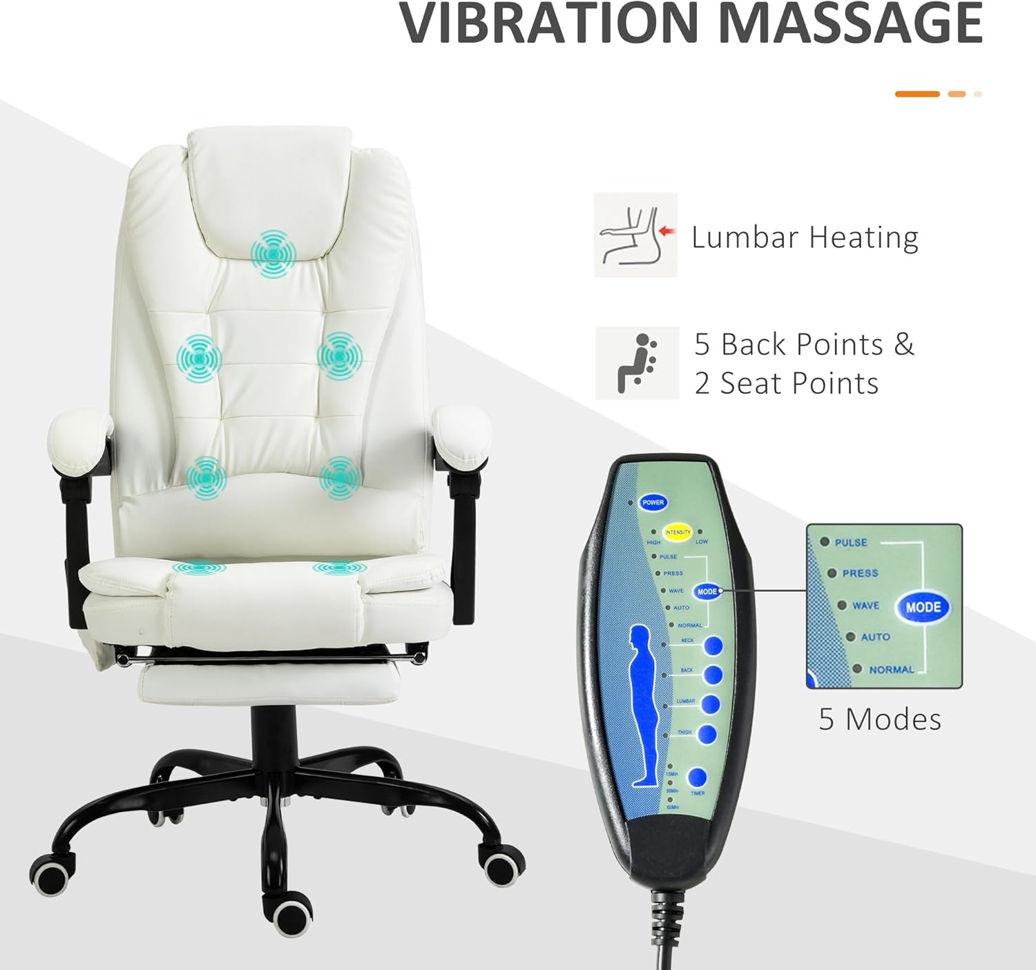 21x25in 245lb Premium Executive Ergonomic Fully Reclining High Back Office Chair Vibrating Massage Lumbar Support Almond White
