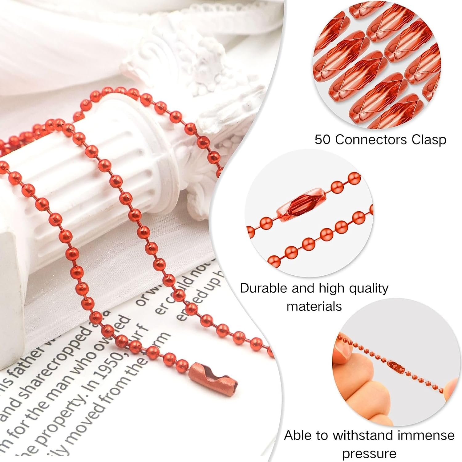 Bijou Joon 30 Ft Red Bead Chain 2.4 MM Small Ball Chain Roll Bead Ball Chains Necklace Beaded Pull Chains Dog Tag Link Metal for Jewelry Making Craft Bracelet Charm 50 Connectors Clasp