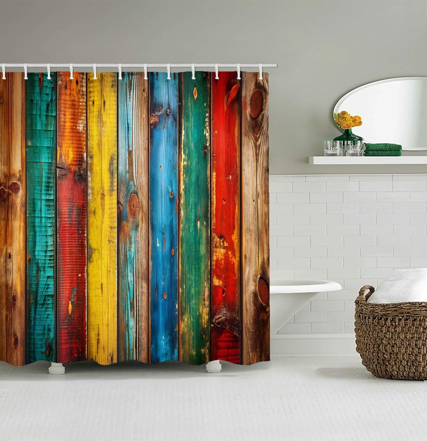 LYFANS Bathroom Shower Curtains Brings a Pleasant Mood to Bathing, with a Unique Artistic Waterproof Colored Wooden Shower Curtain (72x72 Inches) Equipped with 12 Hooks.