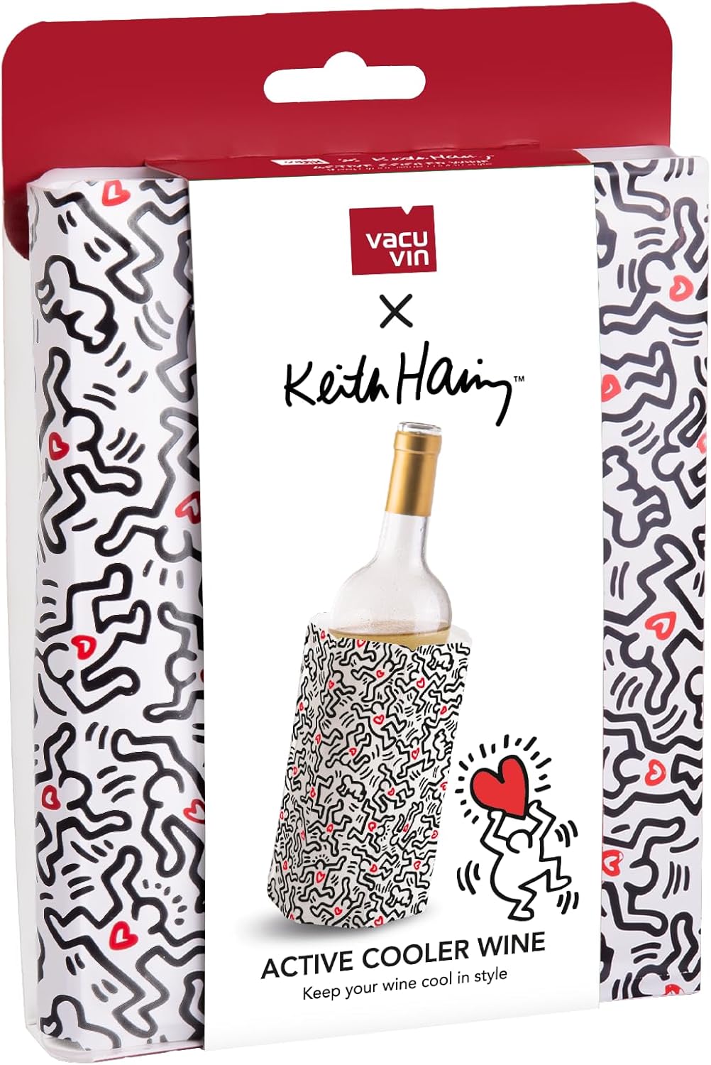 Vacu Vin Wine Cooler Sleeve – Keith Haring Edition – Gel Sleeve Chills Wine in Minutes – No Ice Needed – Fits Standard Wine Bottles – Reusable & Portable