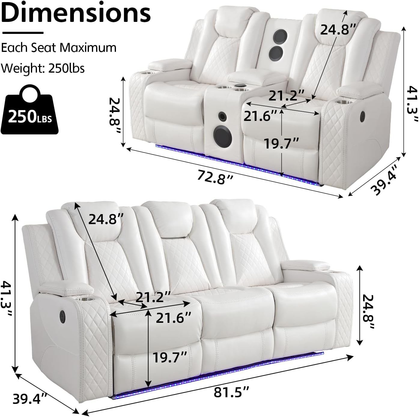 Power Zero Gravity Recliner Sofa Set with Bass Speaker for Living Room, Faux Leather 3 Seater Reclining Couch and Loveseat Seating with Wireless Charger,Reading Light,Home Theater Love seat Sets,White