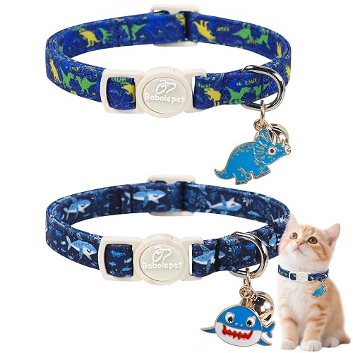 2 Pack Boy Cat Collars - Blue Shark & Dinosaur