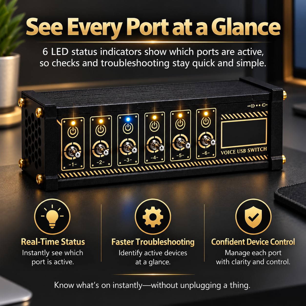 Switcher USB A 6 Porte, 6 Interruttori Individuali con Spia Luminosa, per Condividere Dispositivi USB, Ideale Come Regalo per Il Fidanzato, per Ufficio, Home Entertainment E Piccoli Studi.