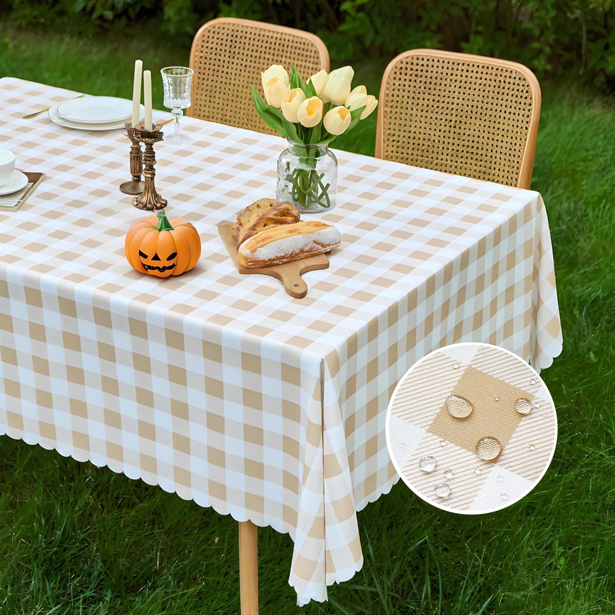 MANGATA CASA Tan Gingham Tablecloth Rectangle- Checkered Waterproof Tablecloths-Polyester Buffalo Plaid Wrinkle Free Table Cloth(Light Brown 60x102in)
