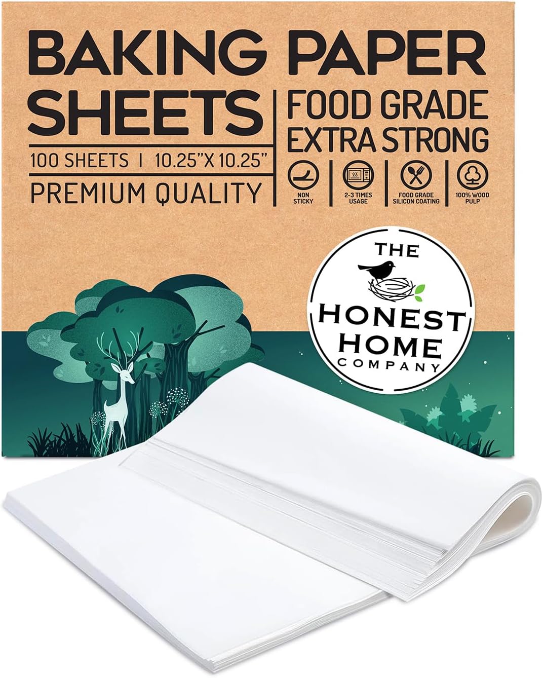 Honest Home Baking Paper Sheets | 100 Sheets | 10x10 Inch | Pre-Cut & Non-Stick | Parchment Paper for Baking Cake | Oven, Air Fryer, Microwave Safe