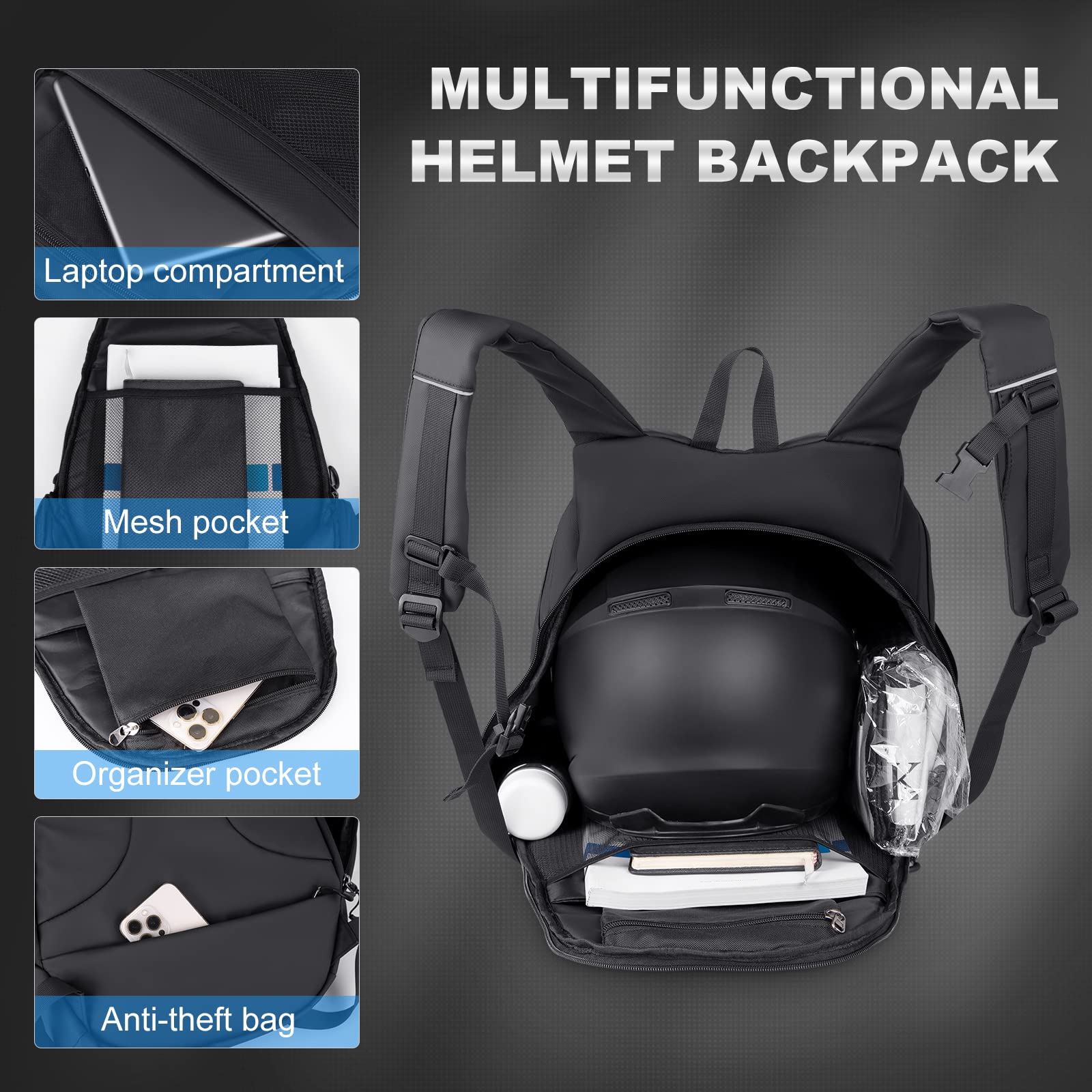 Plecak motocyklowy dla mężczyzn – wodoodporna torba na kask dla mężczyzn z kieszenią na laptopa, kask motocyklowy plecak z odblaskowym paskiem do jazdy konnej, podróży, uprawiania sportu