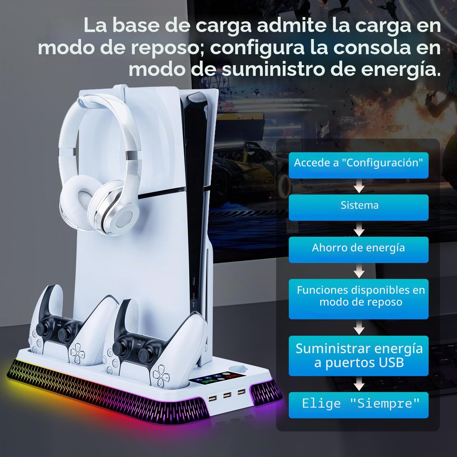 Soporte para PS5 / Slim / PS5 Pro, estación de RGB de refrigeración con Carga de Doble Mando, Ventilador de refrigeración de 3 velocidades con Auriculares y 3 Puertos USB - Blanco