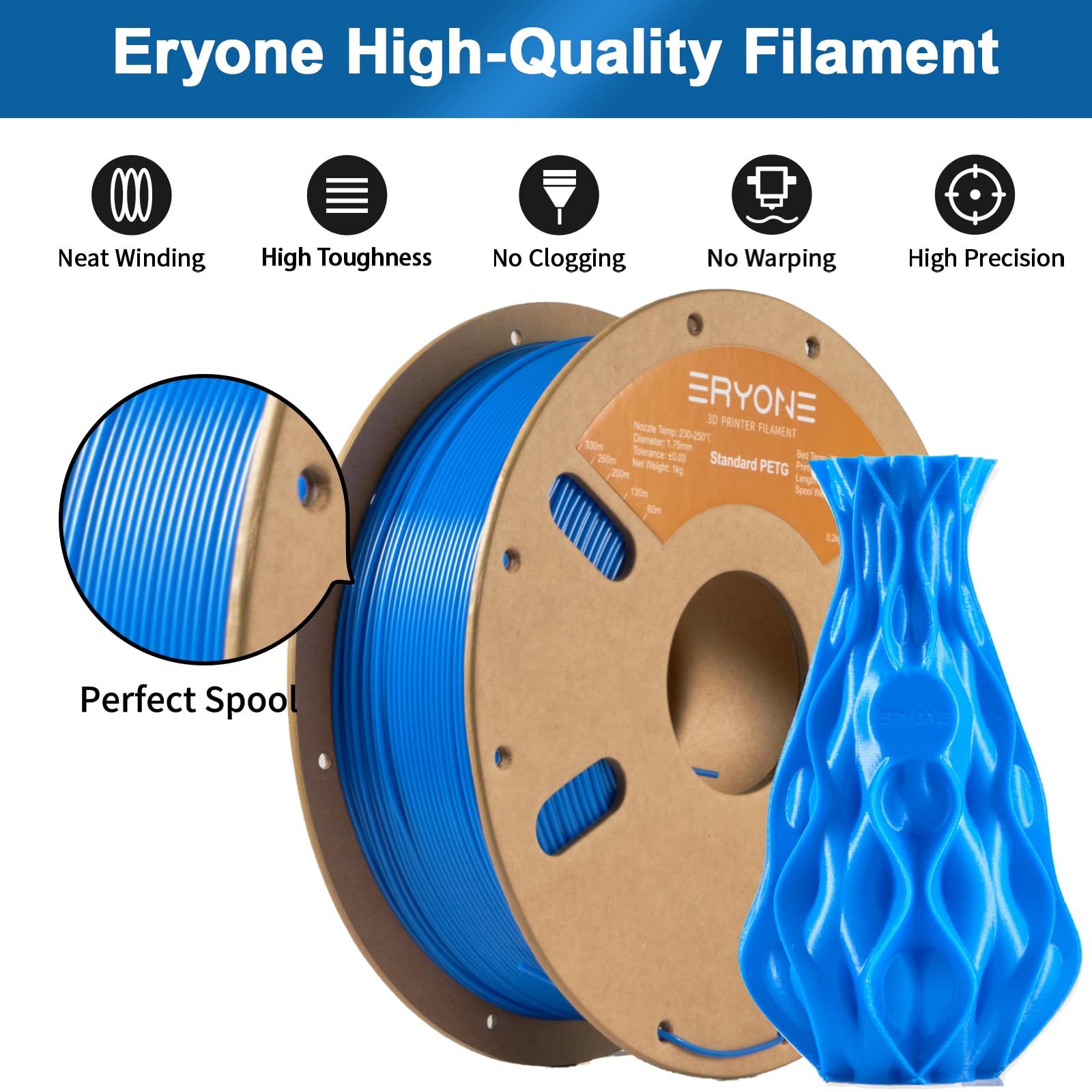 ERYONE PETG Filament 1.75mm, Filament PETG for 3D Printer 1KG, +/-0.03mm, Blue