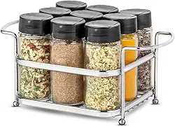 Porta Tempero Condimento 9 Potes Vidro Tampa Dosadora Suporte Cromado Organização Cozinha