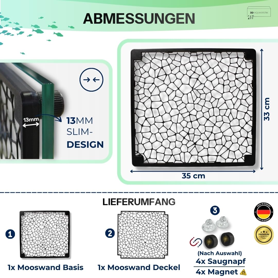 Generisch Mooswand XL 35x33 cm für Aquarium Rückwand-Gitter zum Begrünen - Slim Design mit Magnet - für Moos & Aufsitzerpflanzen - Aquarium Pflanzen Zubehör