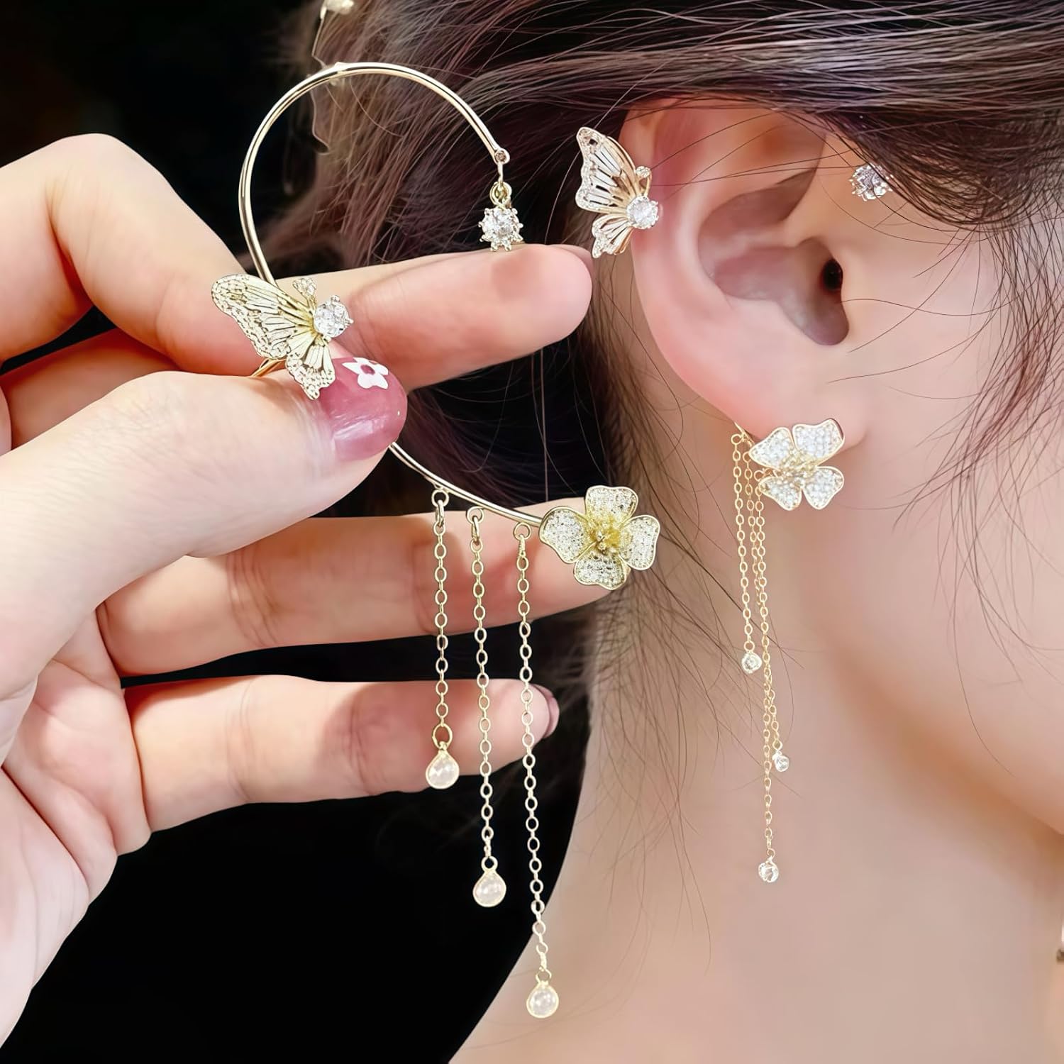Non-Pierced Butterfly Flower Tassel Ear Cuff 18K Gold Plated 5A Zircon Ear Wrap for Women Holiday Party Birthday Ball Jewelry
