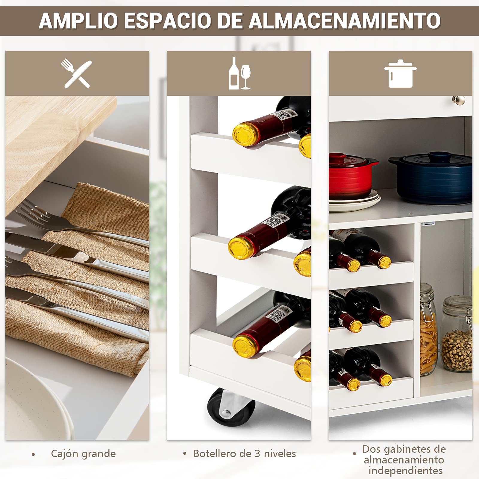 COSTWAY Carro de Cocina, Isla de Cocina con Superficie de Madera de Goma, Cajón, Botellero con 3 Niveles, 2 Armarios, Carrito Giratorio Ideal para Restaurante Cocina Bar (Blanco)