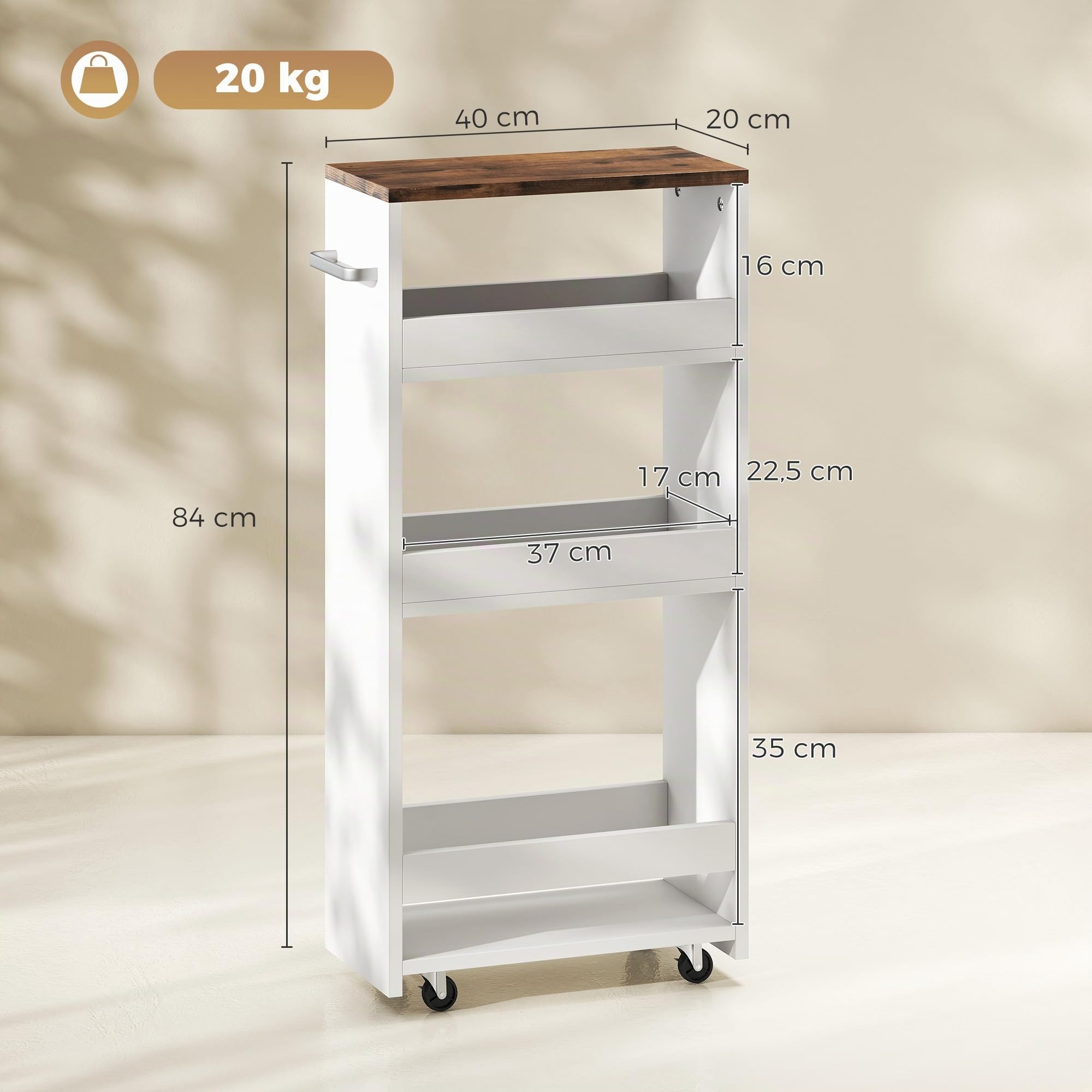 HOMCOM Desserte de Cuisine à roulettes 4 Niveaux 40 x 20 x 84 cm Blanc