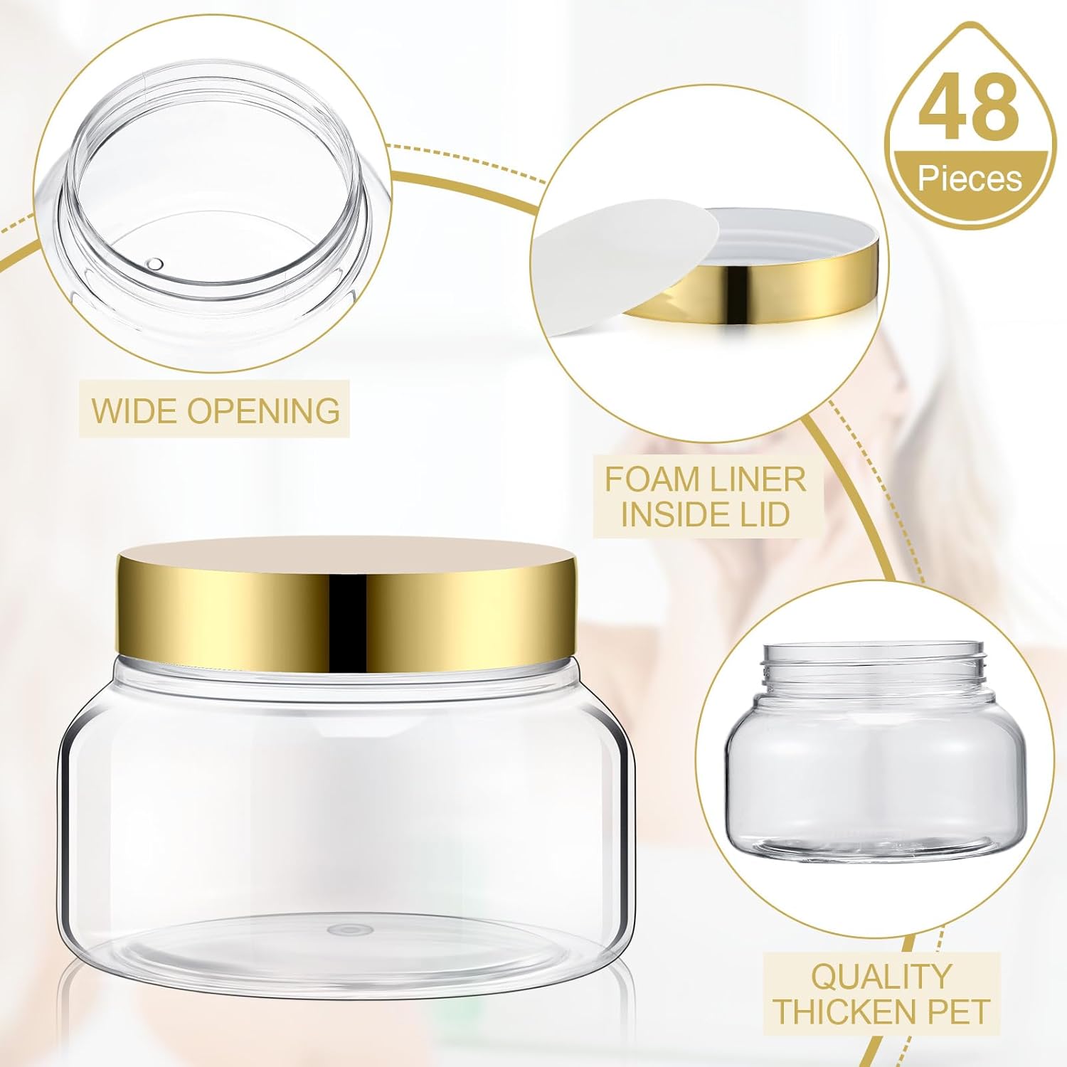 Mumufy Round Plastic Containers Plastic Jars with Lids Empty Travel Containers for Creams Refillable Cosmetic Jars for Lotions Body Scrub Body Butter(8 oz,Gold,Clear,48pcs)