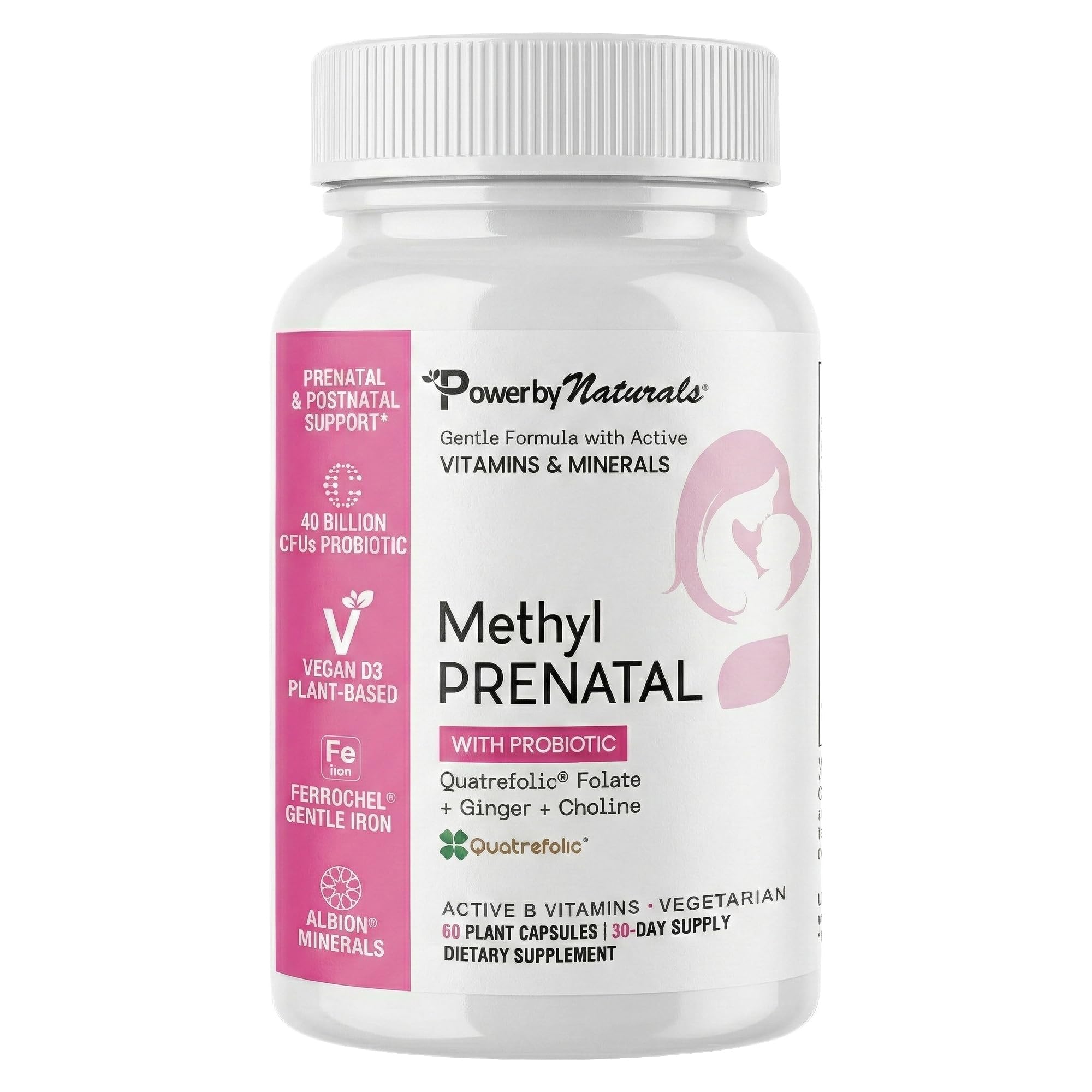 Power By Naturals Multivitamínico pré-natal metilado com probióticos, folato, ferro e vitaminas B12 e B6, 60 cápsulas