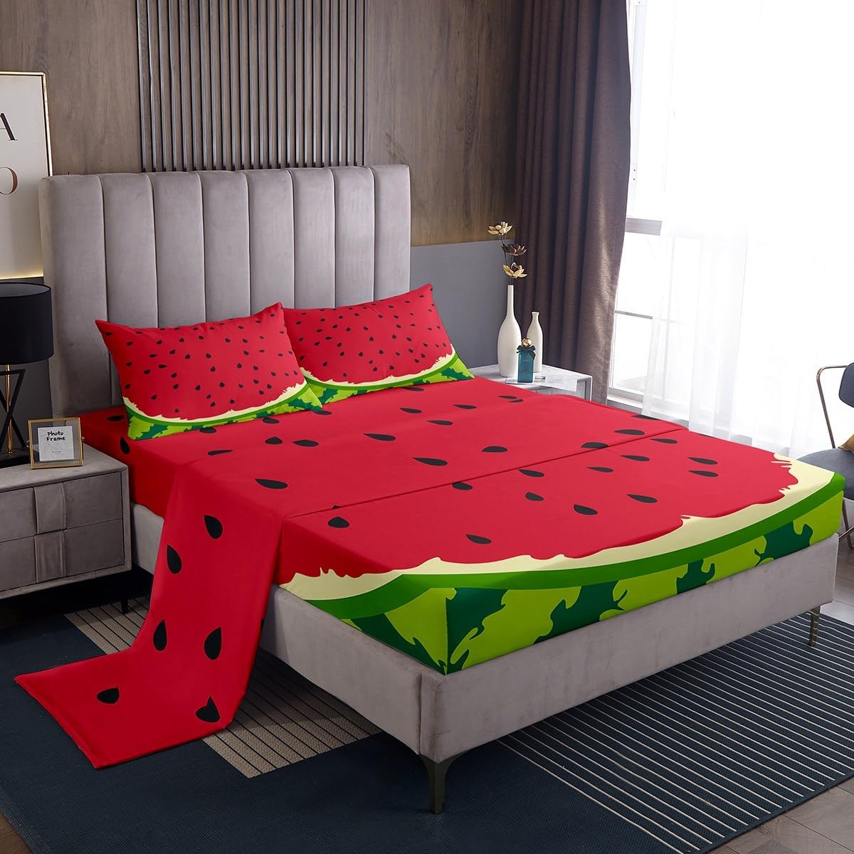 Castle Fairy Cute Watermelon Bed Sheet Set King Size,Red Green Stripes Fruit Print Deep Pocket Fitted Sheet,1 Flat,2 Pillowcases,Summer Elements Themed Geometric Bed Mattress Cover, Bedroom Decor