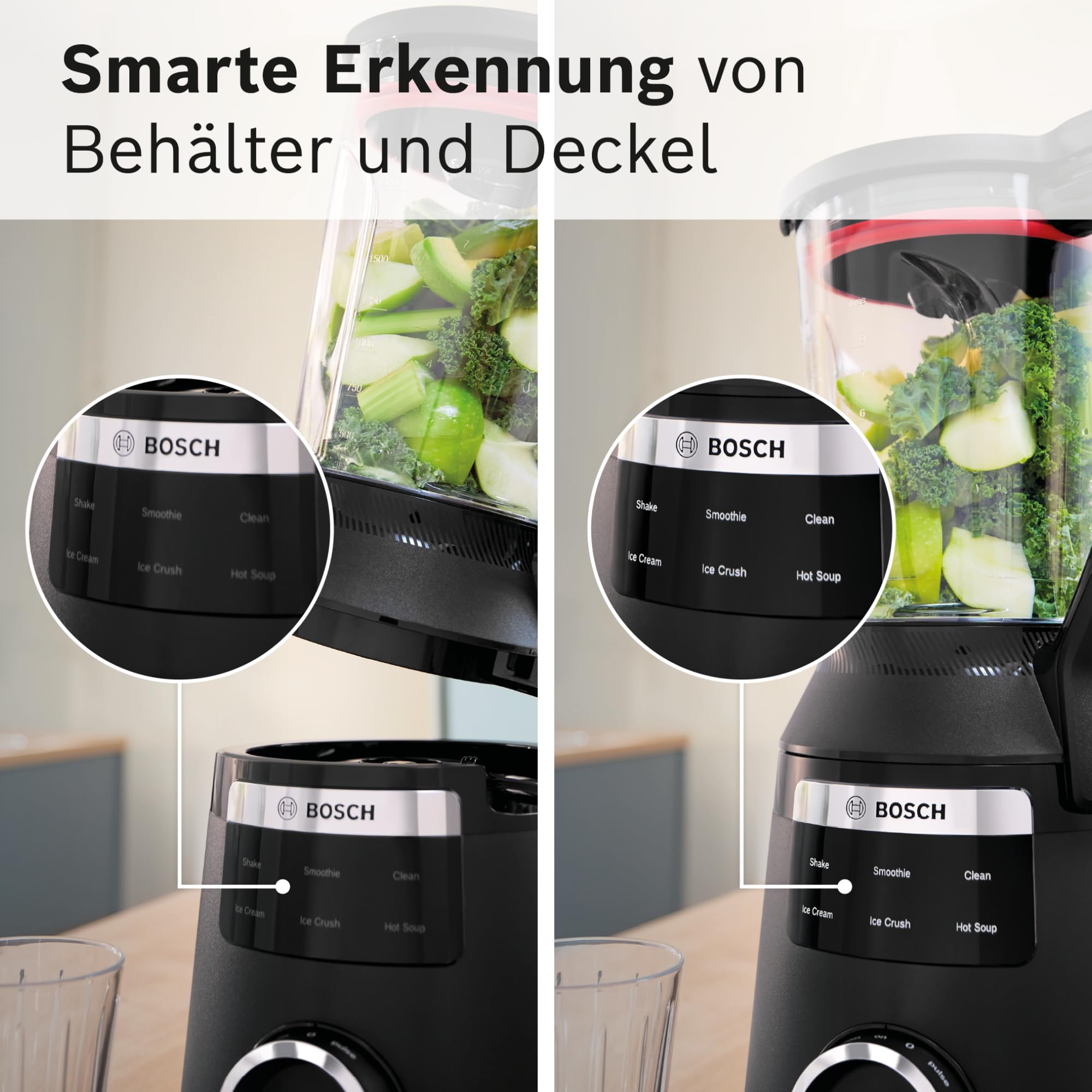 Bosch Hochleistungsmixer, Smoothie Maker, 1800W, 45.000 U-min, Programme für heiße Suppe & Reinigung, 2L, spülmaschinenfeste Teile, Made in Europe, schwarz, VitaPower Serie 6 MMB6652B