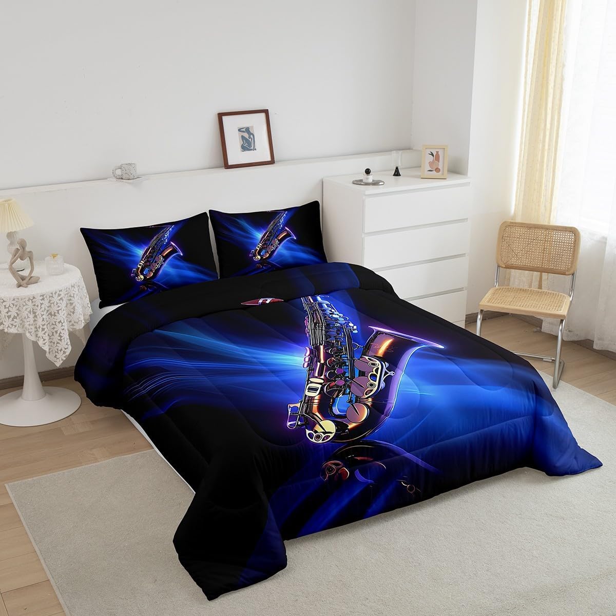 Feelyou Classic Music Beddinig Set Cool Saxophone Comforter Set for Kids Boys Girls Jazz Funky Design Comforter Musical Instrument Blue Quilt Collection 3Pcs Queen Size Boys
