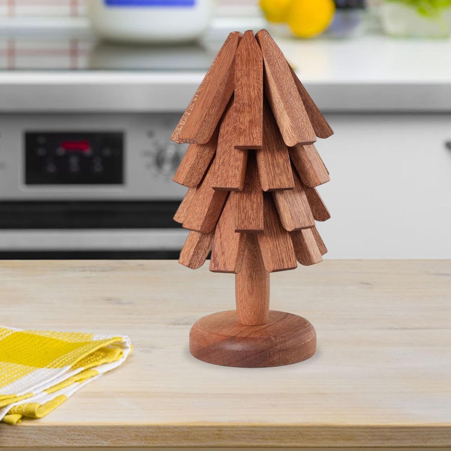 Wooden Trivets for Hot Dishes - Walnut Tree Shape Table Insulation Mat Set for Hot Pots and Pans Collapsible Coasters Heat Resistant Pads for Kitchen Counter 4 Wooden Trivet and 1 Stand