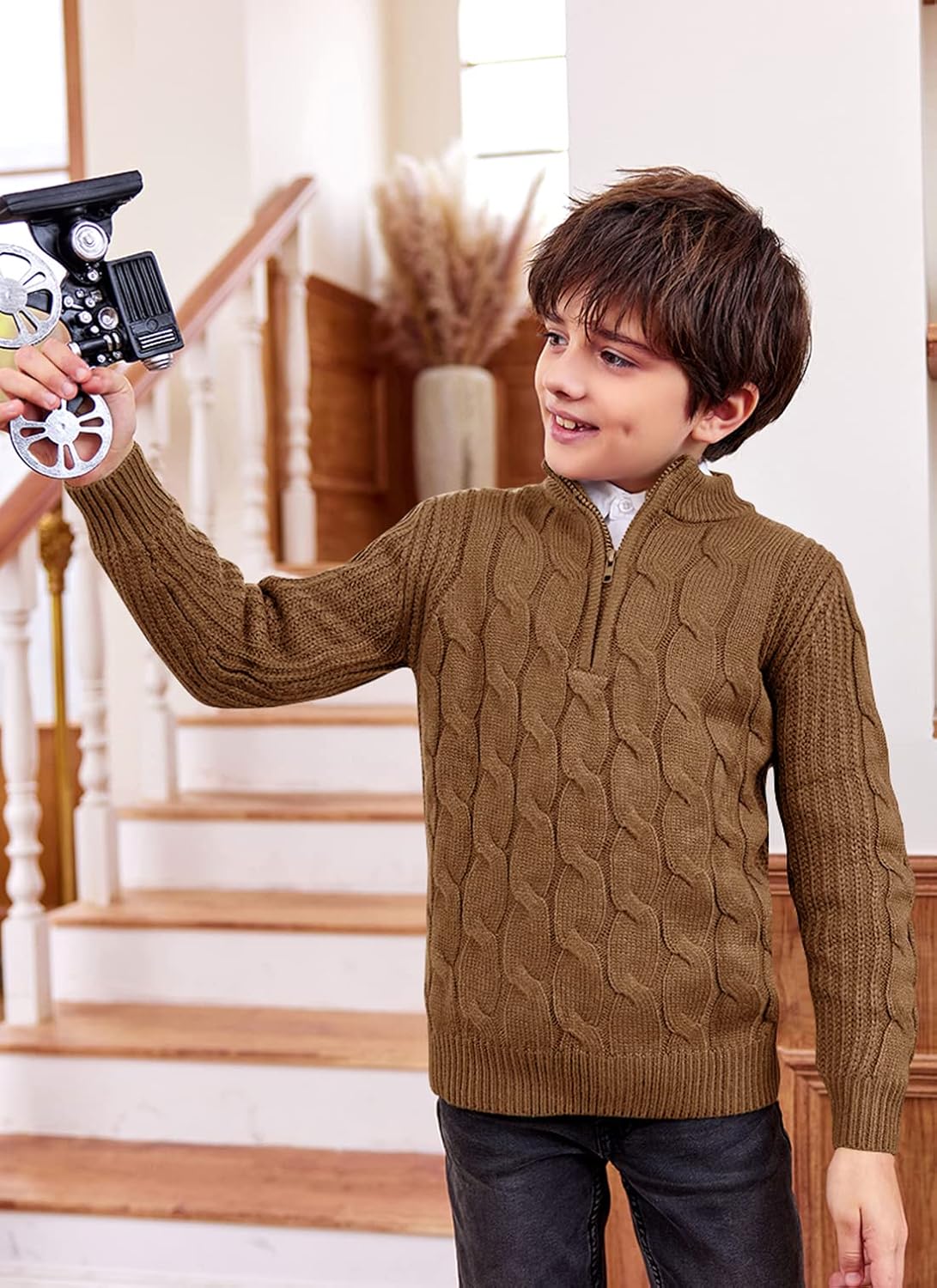Boys 1/4 Zip Pullover Sweater Long Sleeve Solid Cable Knit Top Fall Winter Jumper 4-14Y
