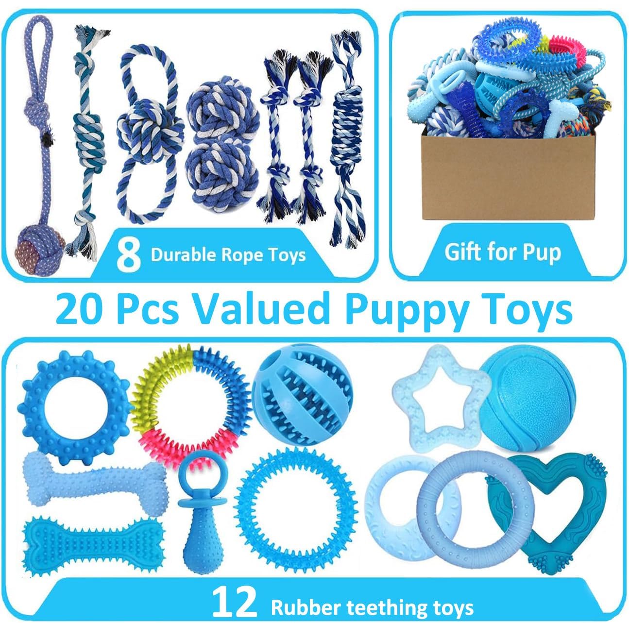 Beiker Paquete de 20 Juguetes masticables para Cachorros, Juguetes de dentición Azules para Cachorros, Juguetes para Cachorros, Anillos de dentición y Cuerdas duraderas, Paquete de Juguetes de Goma