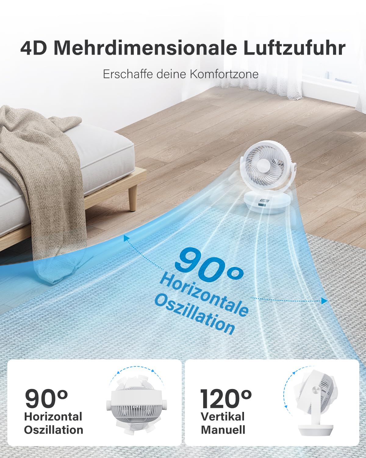Tischventilator Leise für Schlafzimmer Büro 25dB, 33CM Ventilator mit Fernbedienung, Turbo Luftzirkulator, 120° vertikal manuell + 90° oszillierender, 4 Geschwindigkeitsstufen, 4 Modi, 12H Timer
