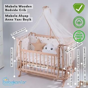 Baby On For Mabela Knitted Wooden Baby Cradle, Natural Beech Cradle with Canopy, 100% Cotton Bedding Set with Swing and Locking Function, 60 x 120 cm Bedding, Pillow, Bumper, Mosquito Net,