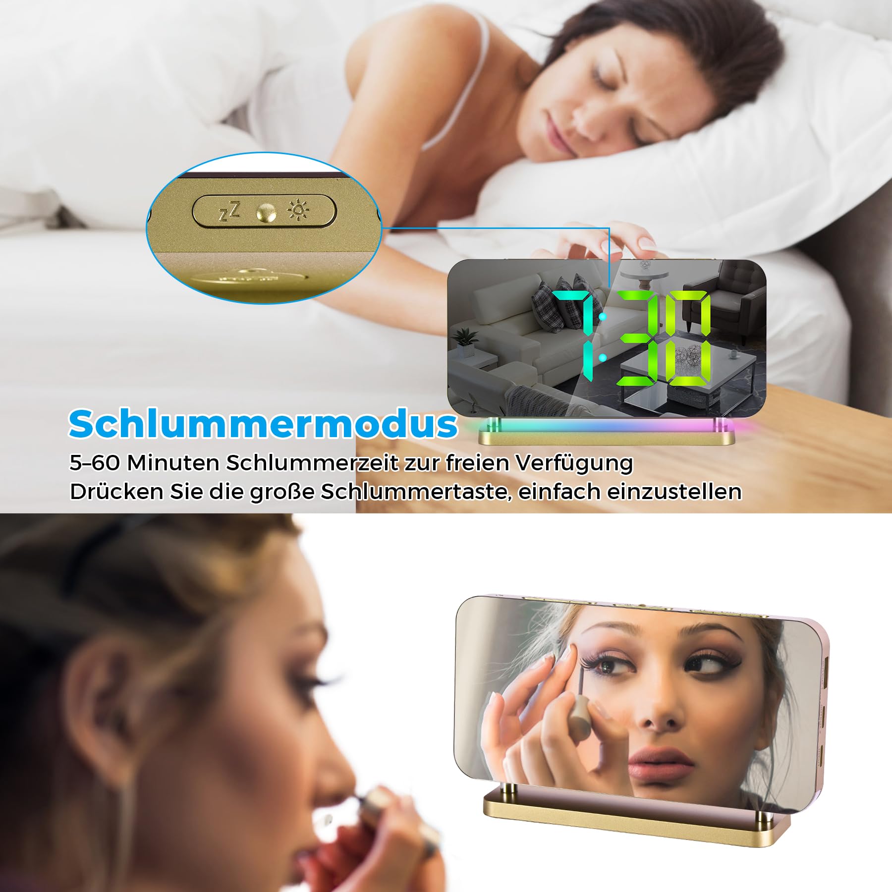 GlasFlength Réveil Numérique, Horloge Miroir LED de 7 avec Veilleuse RVB 11 Modes Reveil Lumineux avec Fonction Snooze Reveil Matin Luminosité Réglable Horloge Digitale pour Home Decor (Noir