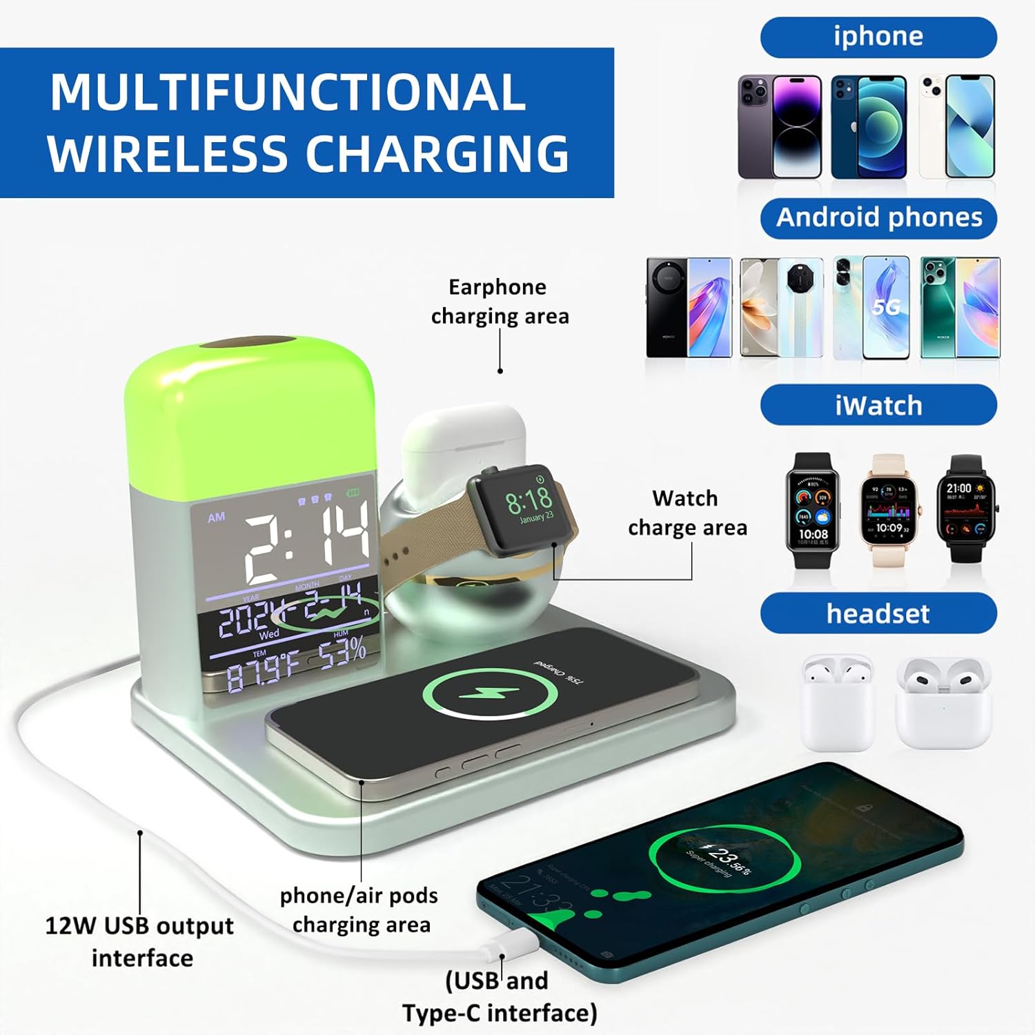 Wireless Charger 3 in 1,Wireless Charging Station for iPhone15/14/13/12/11/X/iWatch SE/8/7/6/5/4 for AirPods 3/2/1/Pro,Night Light with Digital Alarm Clock (Green/Gold)