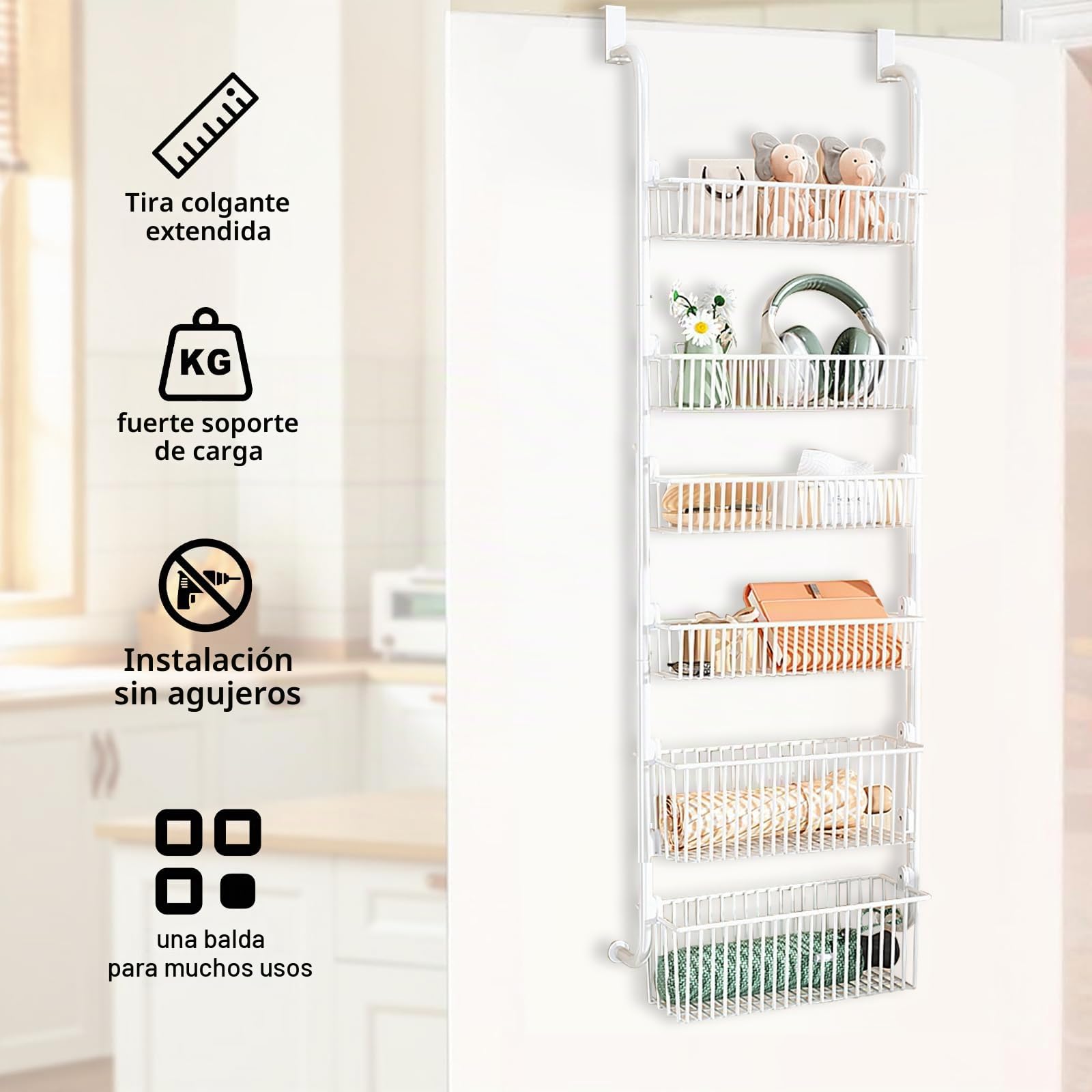 Organizador de Almacenamiento Sobre Puerta, Estante de Especias Sobre Puerta de 6 Niveles, Organizador de Latas de Especias de Metal para Cocina, con Ventana Transparente para Colgar en la
