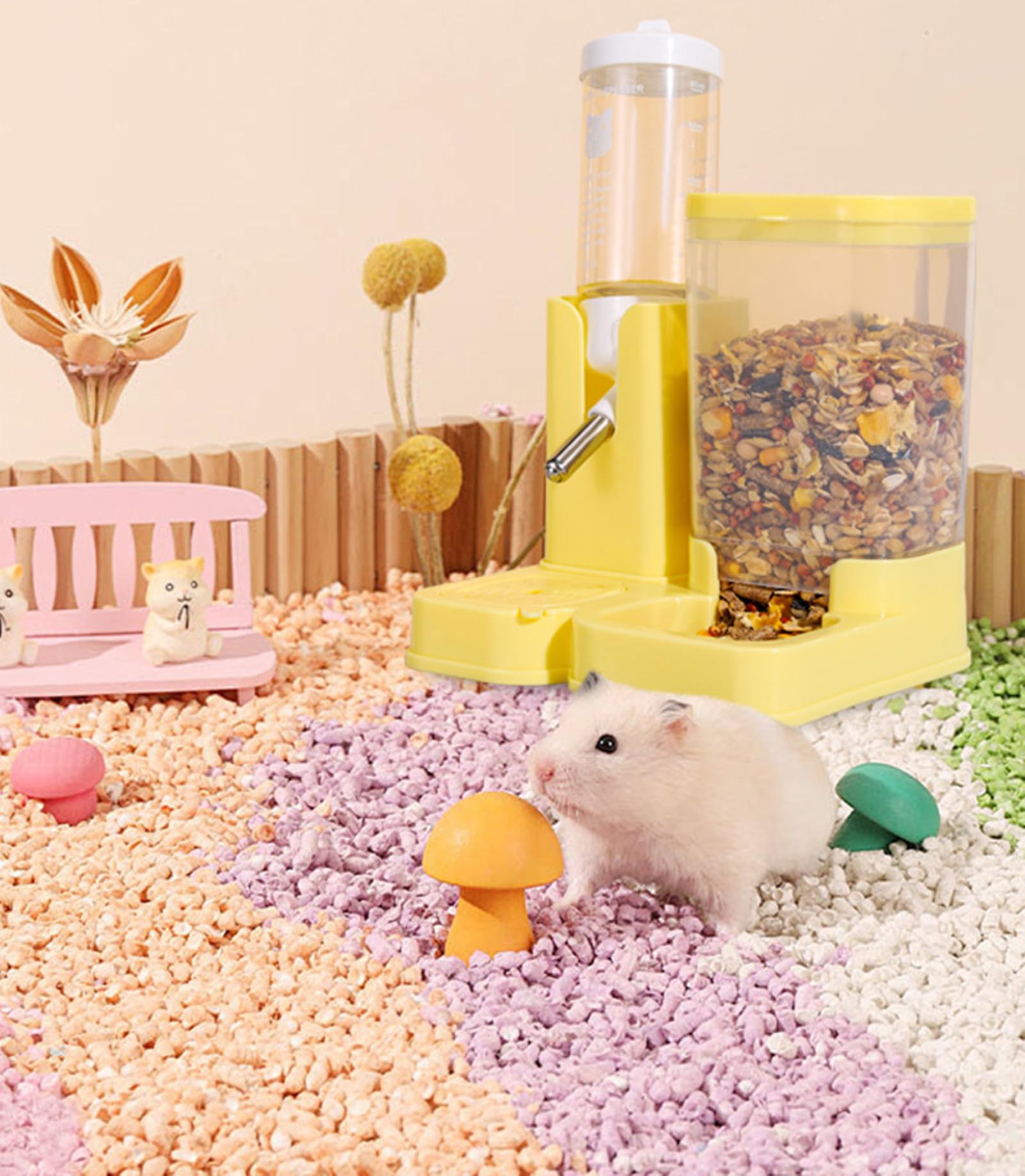 Gourde étanche pour hamster et distributeur automatique de nourriture, distributeur de nourriture transparent avec buse en acier inoxydable, facile à nettoyer (jaune)