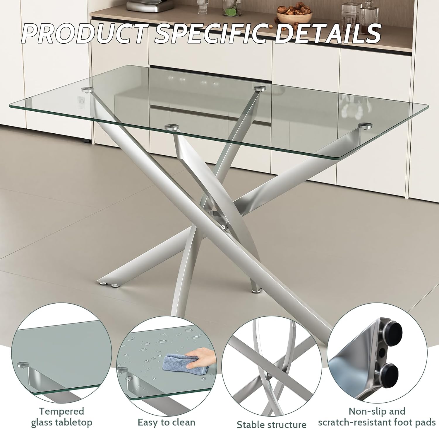 47.24 Inch Glass Dining Table, Rectangular Kitchen Glass Table for 4 People, Modern Dining Room Table for Dinner Kitchen Dining Room(Silver)