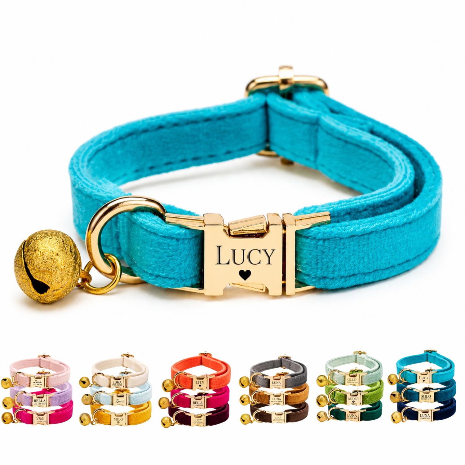 Velvet Personalised Cat Collar with Name & Phone Number Engraving – Adjustable Pet Collar with Metal Buckle & Bell – Soft Kitten ID Tag Collar for Cats Puppy – Gift for Pet Owners UK