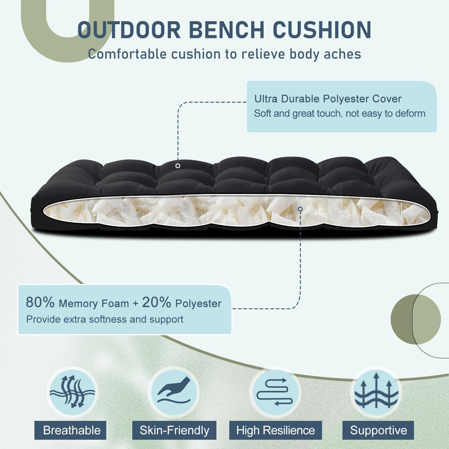 downluxe outdoor bench cushion for patio furniture, water resistant tufted overstuffed porch swing cushions, thick outdoor loveseat cushions, 59" x 18" x 5", black, set of 1 black 59x18x5 inch