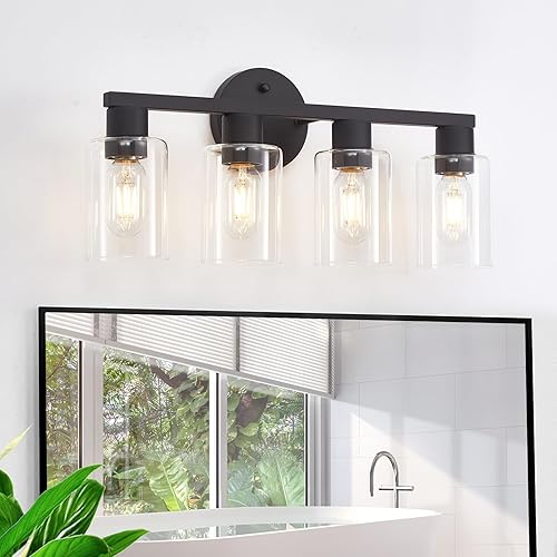 Lámpara de tocador de baño de 4 luces, lámparas de baño negro mate con pantalla de vidrio transparente, 4 luces de tocador, accesorios de