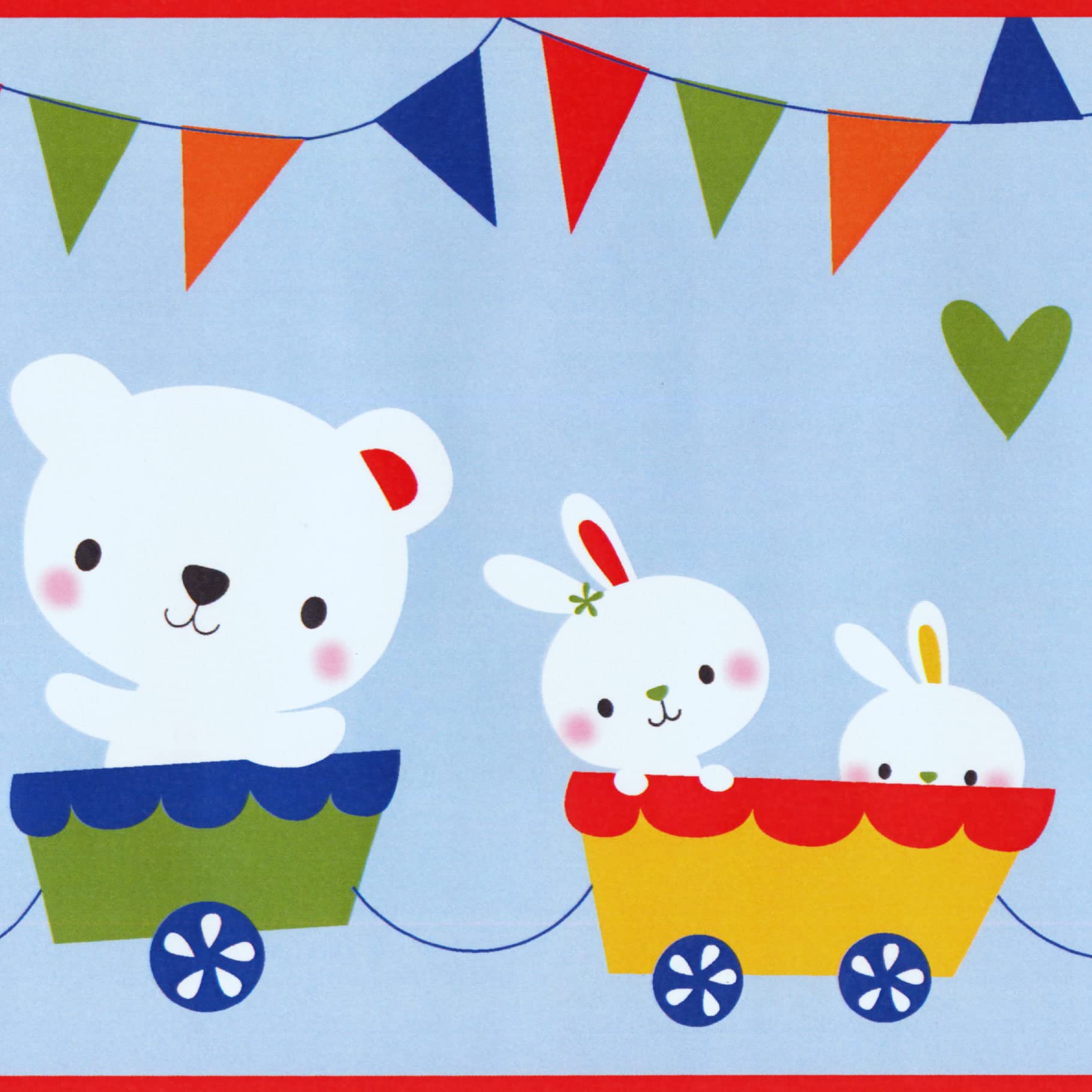 Frise de papier peint bleu rouge jaune vert avec train lapins ours GK8944BD