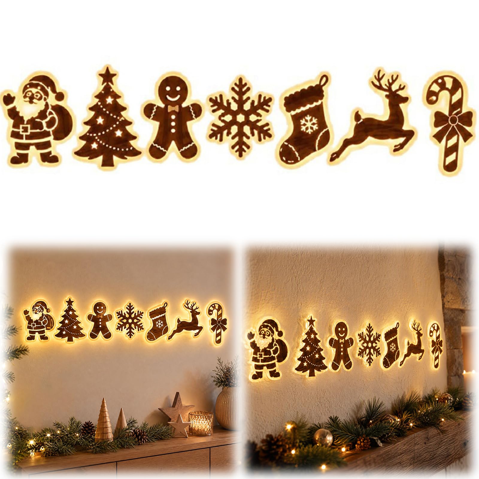 Lighted Santa Sleigh Reindeer Christmas Wall Decor with Remote, Warm White Wall Display with Santa Sleigh, 6 Reindeer and Forest Village Scene, for Indoor Christmas Decorating (11-7 pcs)