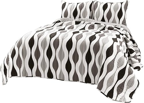 Miniatura 9 de Lush Decor Mid Century Geo - Juego de edredón de 3 piezas, matrimonialqueen, negro y gris